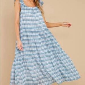 Olivia James The Label Tiered Blue Plaid Oversized Maxi Dress Size Small